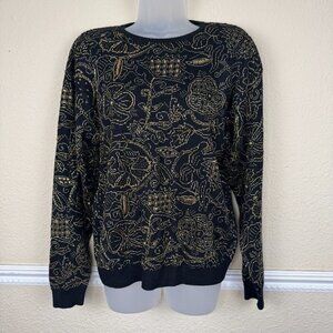 Vintage Knights Ltd Womens Med Sweater Gold Beaded Floral Wool Blend Artsy Dark